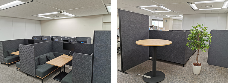 Booth for chats and meetings (Left) and Increase the open space (right)